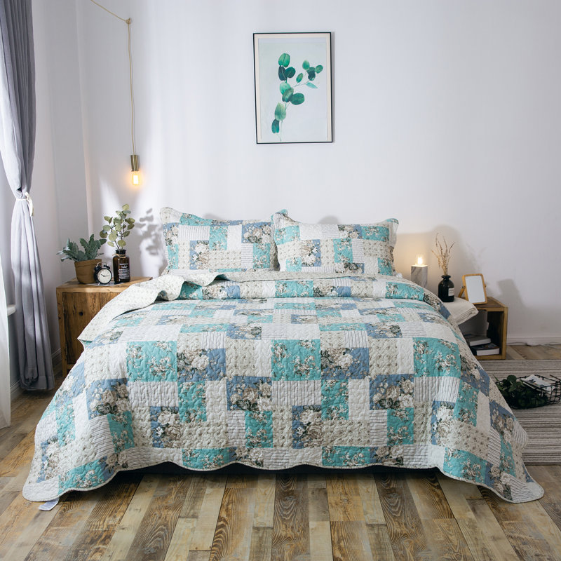 Polyester Geometric Shapes Quilt, Twin Quilt + 1 Sham, Aqua Green