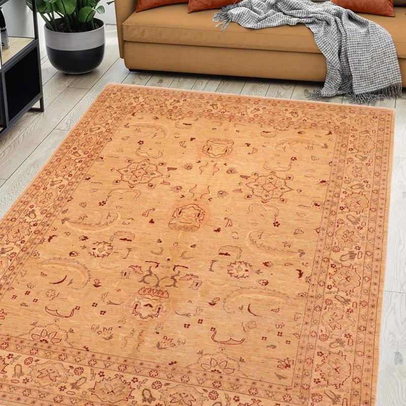 Tapis oriental rose / brun clair en laine noué à la main 8 pi x 10 pi Badea