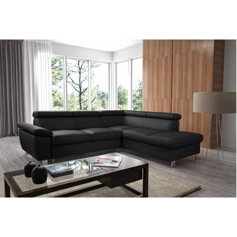 Alfreddie Leather Corner Sofa with Sleeping Function and Storage, Right Hand Facing, Black