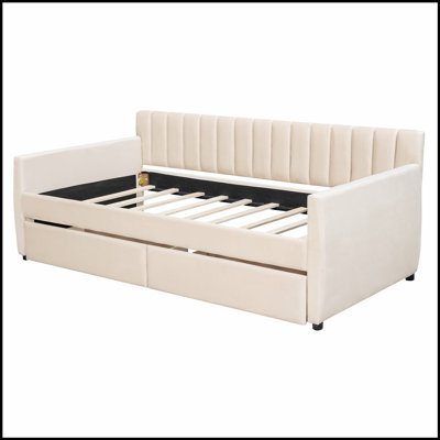 Upholstered Daybed with Drawers and Wood Slat Support, Perfect for Small Spaces and Extra Storage