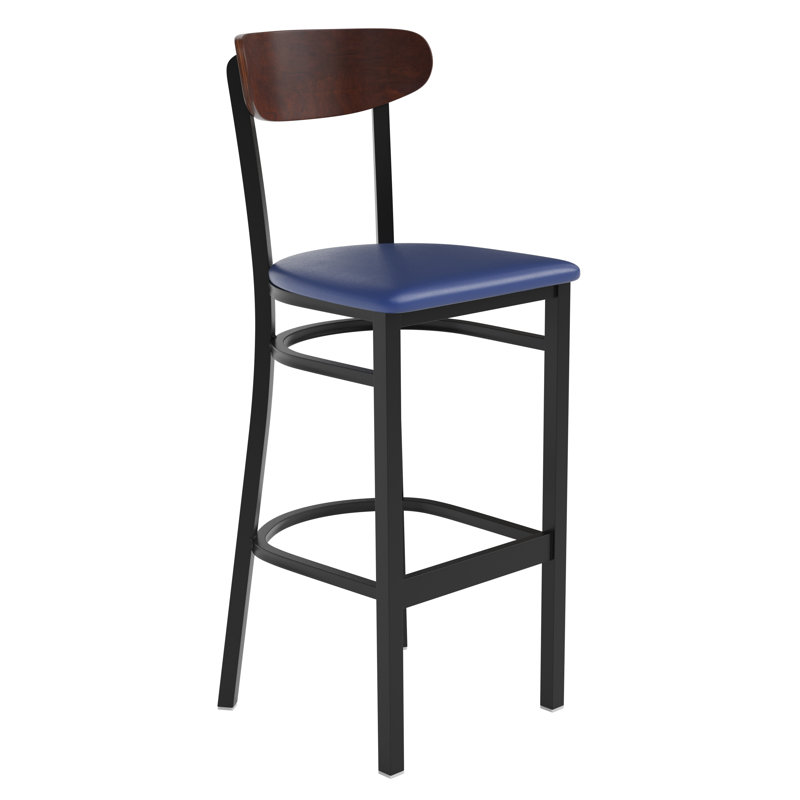 Commercial Metal Barstool with Wood Seat and Boomerang Back, Walnut, Blue