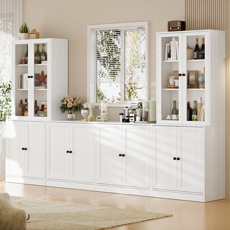  Reshod 71'' Kitchen Pantry With Bookcases, Farmhouse Wall Unit Tv Stand For Tvs Up To 70", White