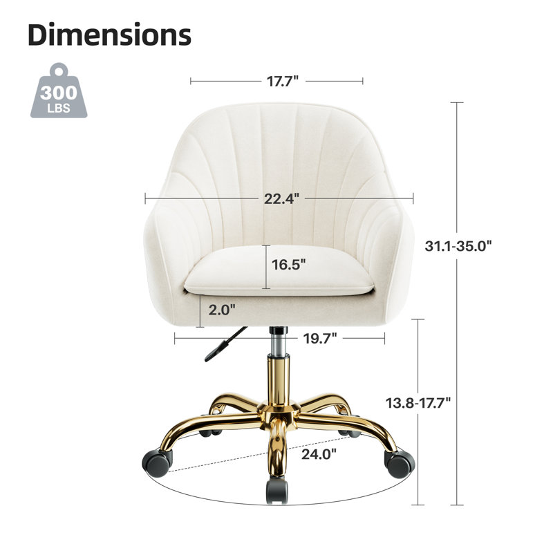 Modern Velvet Vanity Task Chair with Wheels, Beige, Gold