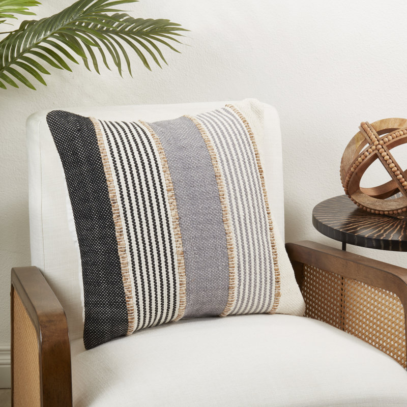 Gray and Beige Striped Square Throw Pillow with Removable Cover