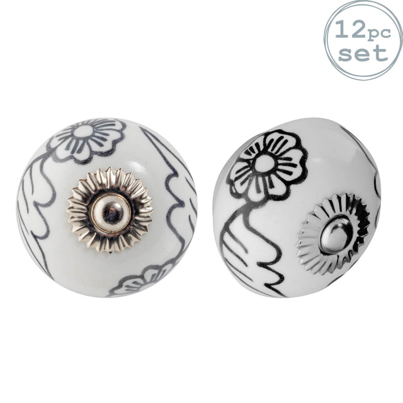 Nicola Spring - Round Ceramic Cabinet Knobs - Black Blooms