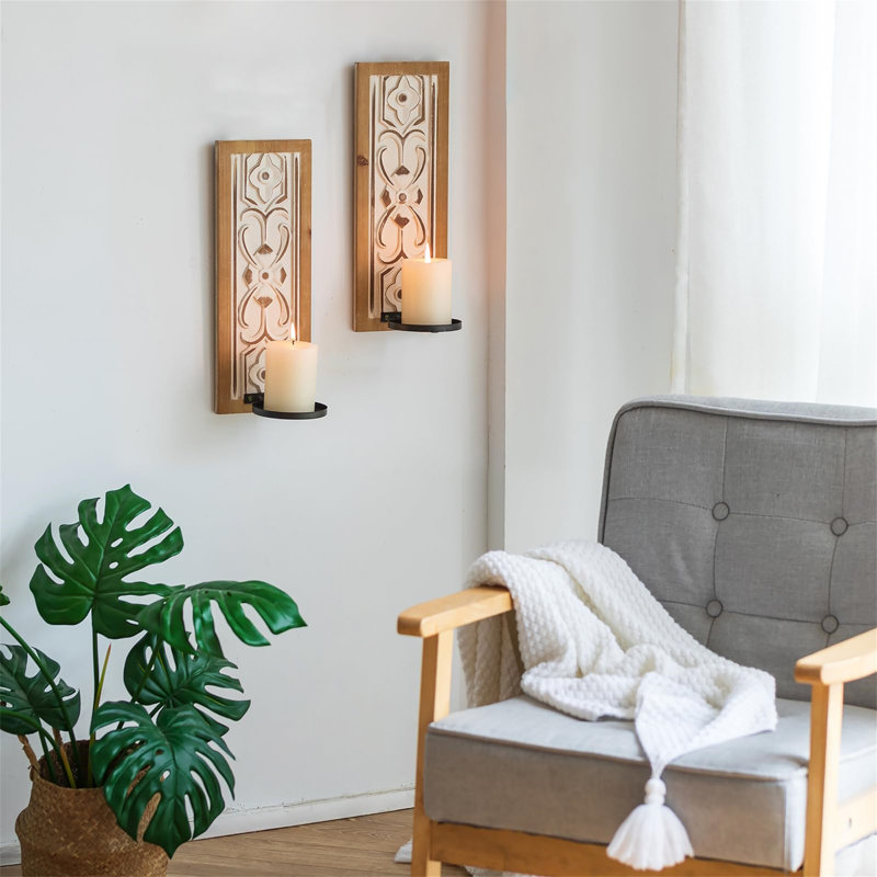 2 Piece Wood Wall Bath Sconce Set, Brown/White/Pink