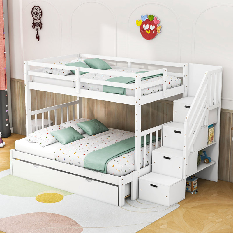 Lit superposé en bois à 4 tiroirs Dothan avec lit gigogne simple Dothan, Blanc
