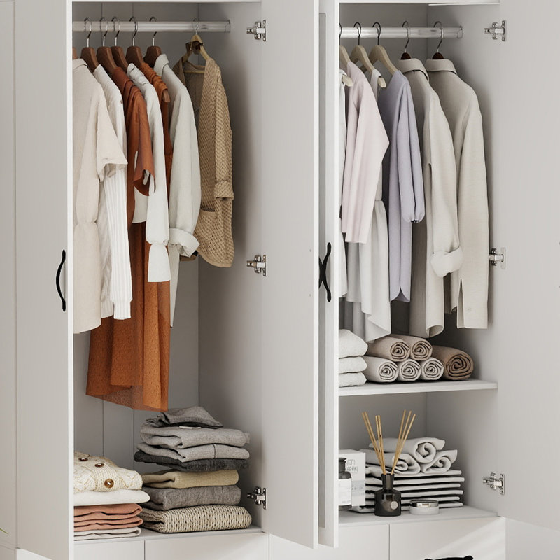Armoire blanche avec miroir, garde-robe de chambre à coucher avec 2 tringles et 4 tiroirs