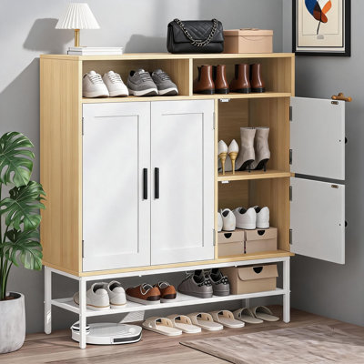 Modern 4-Door Wooden Shoe Cabinet with Top Display Surface, Raised Metal Leg Hidden Shoe Storage Cabinet, Multi-Zone Shoe Rack Closet for Front Door Living Room
