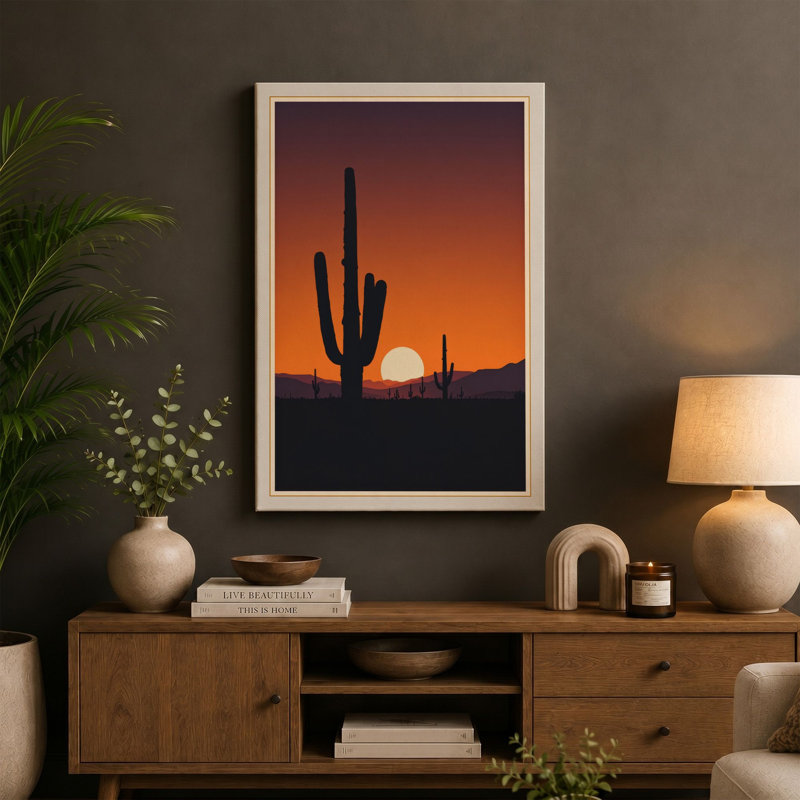 Desert Sunset Silhouette Landscape - Wrapped Canvas, 24x16 - 61.0 x 40.6 cm, White Border