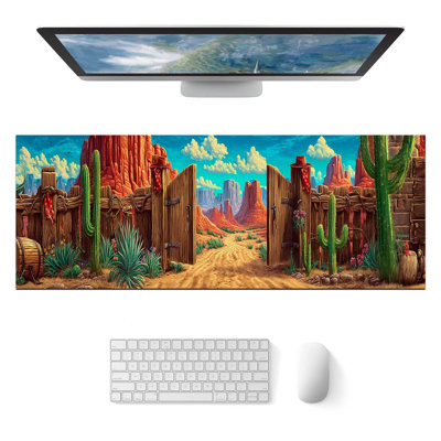 Tapis de souris Gaming Mousepad Western Desert Gate Artwork Diatomite Large clavier de bureau, tapis de souris XL pour la maison et le bureau, accessoires de bureau, 15,7 po x 35,4 po, livré avec une tasse blanche pure en cadeau