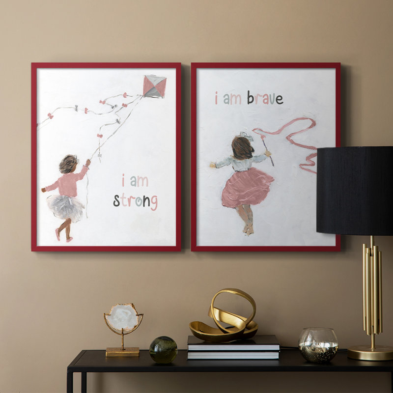«Girl Flying Kite» - reproduction encadrée de qualité supérieure - prête à être accrochée - aucun clou requis - aucun clou requis