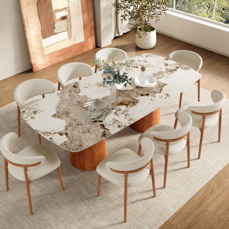 86.6/93.7 Farmhouse Double-Pedestal Dining Set With Rounded Rectangular Table & Upholstered Chairs, 9 Pieces: Table, 8 Chairs
