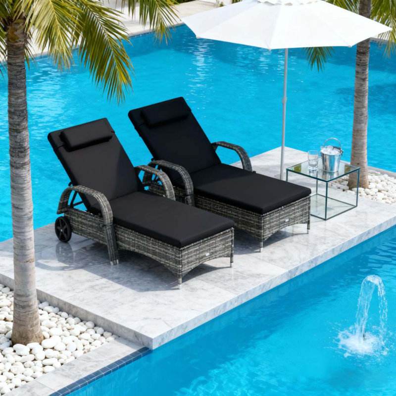 Rolling Outdoor Chairs,2 Reclining Chaise Lounge Chairs,With Cushion, Pillow, Headrest, Armrests, And Wheels, Black