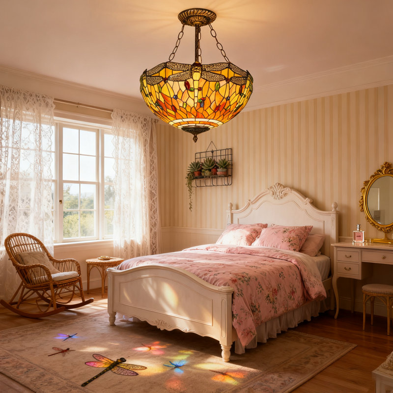 Tiffany Semi Flush Mount Ceiling Light with Stained Glass Shade