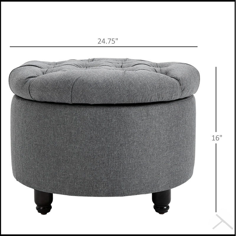 Round Linen-touch Fabric Storage Footstool Ottoman with Button Tufted Design and Removable Lid, Grey