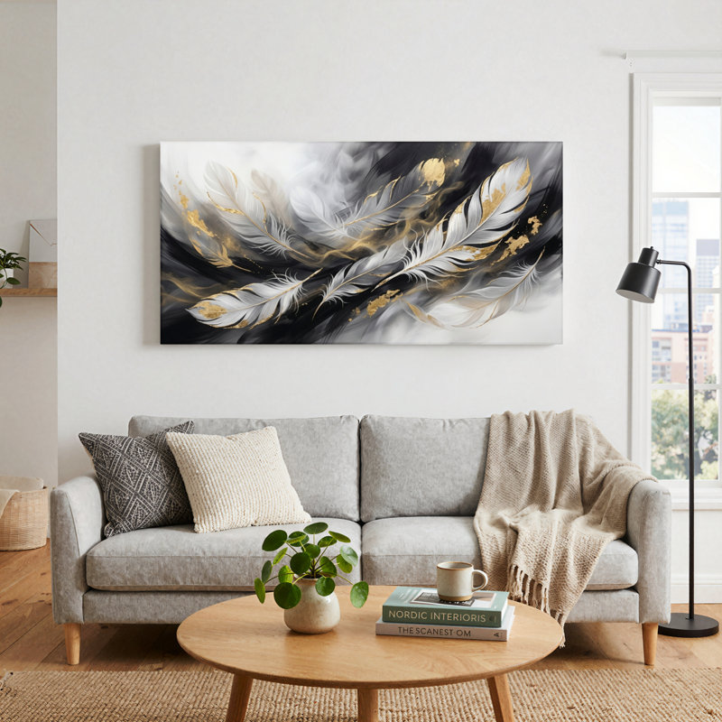 Ensemble de 1 tableau mural sur toile or plume, 32“W x 16”H, Toile tendue