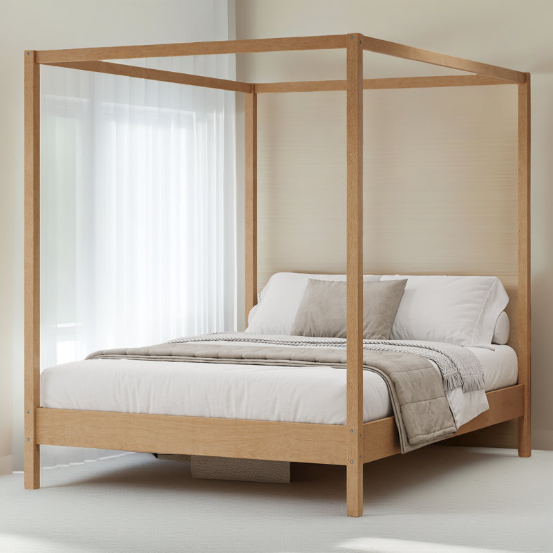?Elegant Canopy Bed Frame – 4-Poster Platform Bed with Slats, No Box Spring Needed?, Natural, Queen