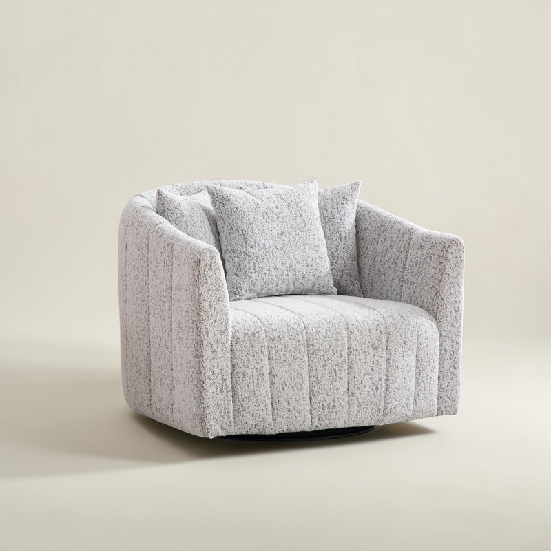 Upholstered Swivel Barrel Armchair, White/Black Chenille