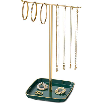 12" Tall Green Jewelry Holder Stand with Ceramic Base