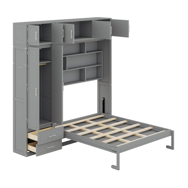 Lit escamotable avec armoire supérieure, tablettes et garde-robe Murphy, Gris