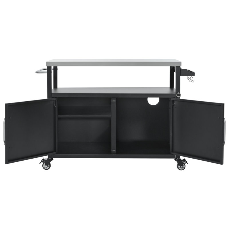 Îlot de cuisine extérieur 54,5 po, chariot à roulettes supérieur en acier inoxydable avec rangement, porte-épices et porte-serviettes, 4 roulettes verrouillables