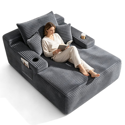 Chaise longue 67 po en velours côtelé avec porte-gobelets et poche latérale, ressorts ensachés et mousse haute résilience