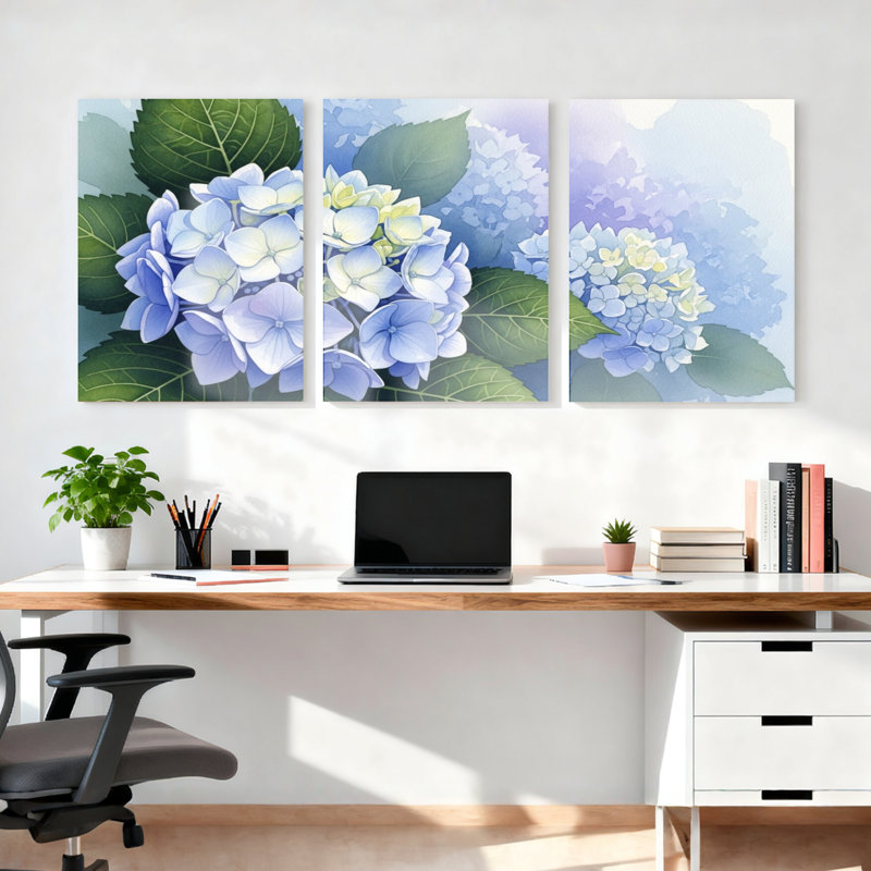 «Blue Hydrangea», reproduction d'art sur toile tendue sur toile, ensemble de 3, H 18 po x l 36 po