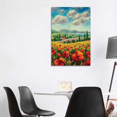 Landscape With Cypress Trees, Red Poppies, Beautiful Sea by Valery Rybakow - Wrapped Canvas Painting