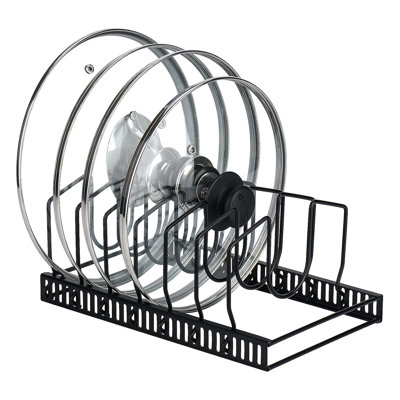 Adjustable Pot Lid Organizer 7+ Pan Lids Holder with 7 Adjustable Compartments Cabinet Countertop Bakeware Organizer Rack Black