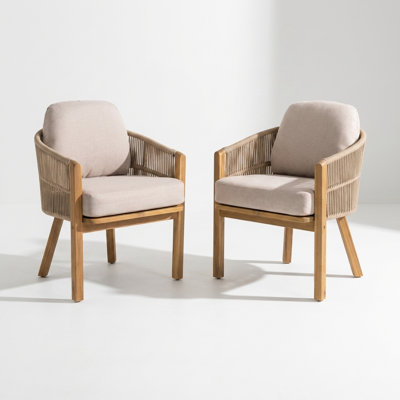 Ensemble de 2 fauteuils de salle à manger d'extérieur avec structure robuste en bois d'acacia durable, dossier et siège en corde épaisse tissée à la main respirante, coussins moelleux et amovibles