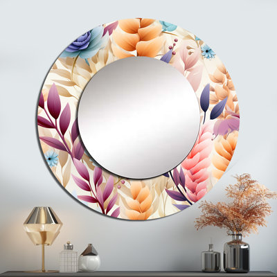 Motif de fougères pastel bohémien - miroir floral, miroir mural rond rose unique, impression d'art en métal