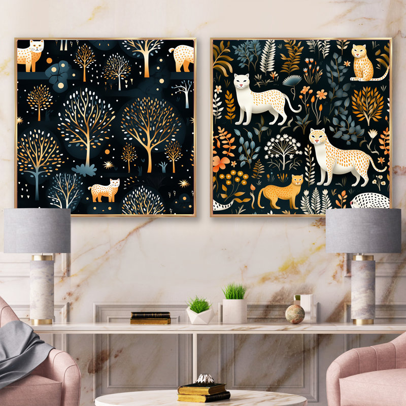 Ensemble de 2 animaux bleus, mystiques et mystiques, Cadre flottant doré, H 16 po x l 33 po