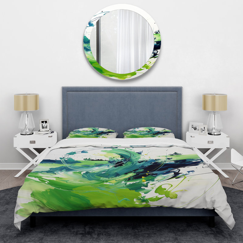 «White And Green Abstract Ink Expression I», ensemble de housse de couette à peinture abstraite