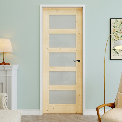 Porte pré-suspendue en bois de pin et verre givré 30 po x 80 po 5-Lite-Lite avec levier incurvé et charnières argentées, dalle de porte d'intimité en verre, peint et imperméable, combinaison pour la lessive, portes de placard, portes de pièce, gauche