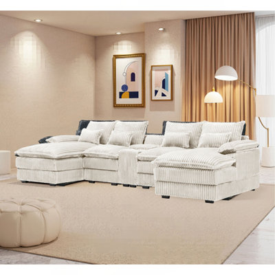 Canapé en forme de U de 120 pouces cinq pièces avec console centrale et ports USB. Quatre coussins inclus. Convient aux salons spacieux et aux salles de réunion.