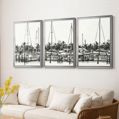 Neutral Tropics I  -Custom Framed  Wrapped Gallery Canvas - 3 Pieces