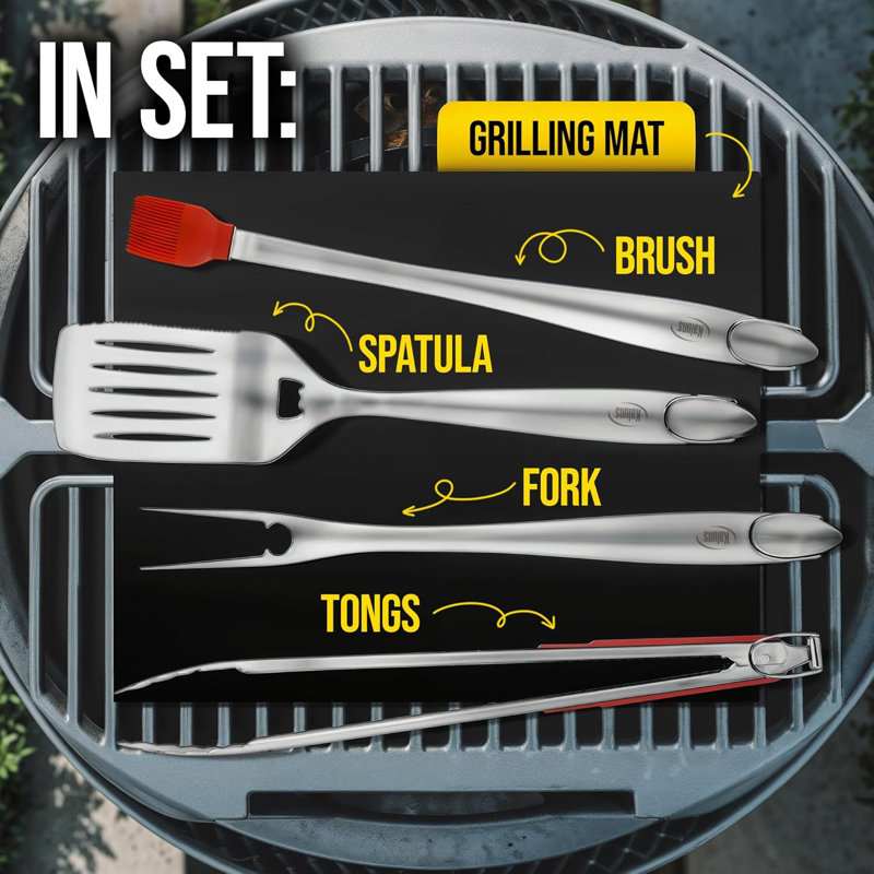 Kaluns BBQ Grilling Accessories Set – Heavy-Duty Stainless Steel Outdoor Grill Tool Kit with Spatula, Tongs, Fork, Brush & Grill Mat, Professional BBQ Gift Set for Men