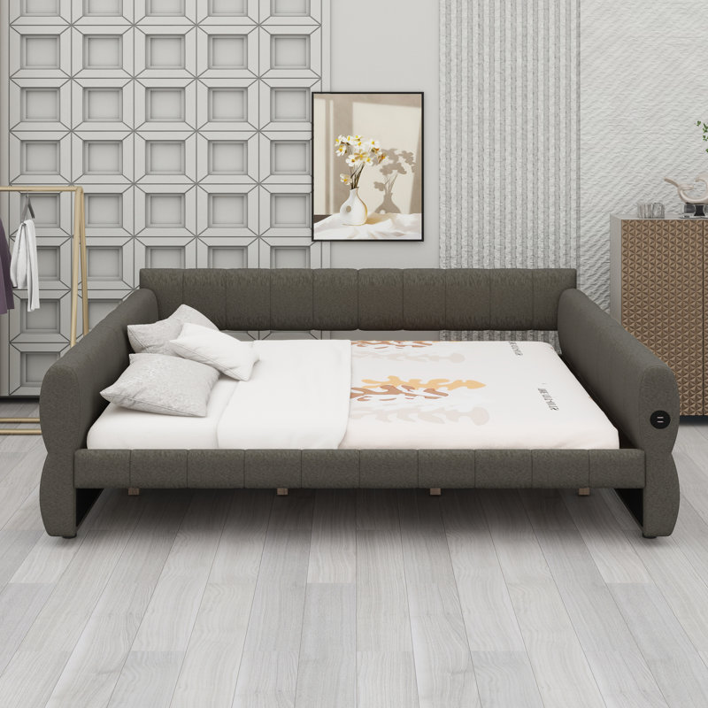 Structure de lit contemporaine à finition douce avec ports USB intégrés, Gris