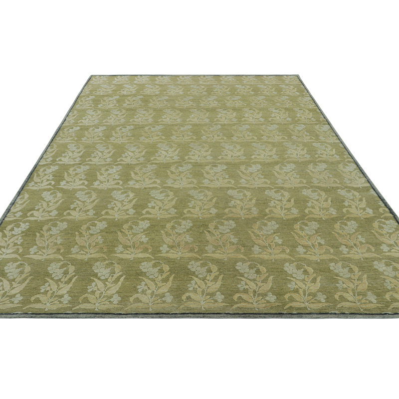 Rug & Kilim’S Block Print Custom Rug Design In Green With Cream Floral Patterns, Rectangle 12' x 18'