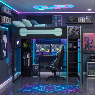 Full-Size Wooden Gaming Loft Bed with Desk and Storage, RGB LED Light, USB Charging Station, Built-in Wardrobe & Cabinets, Space-Saving Loft Bed Frame for Bedroom