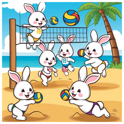 Dessin de lapins jouant à l'édredon de volleyball