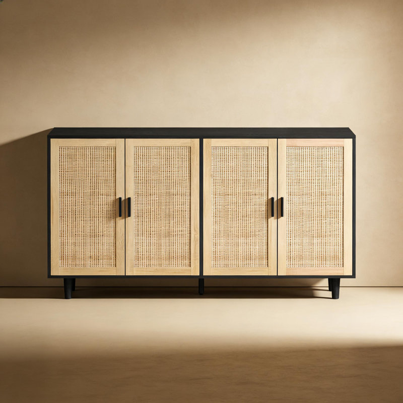 62.2" Rattan Storage Cabinet With 4 Decorative Doors, Sideboard Buffet Cabinet With Adjustable Shelf And Solid Wood Legs