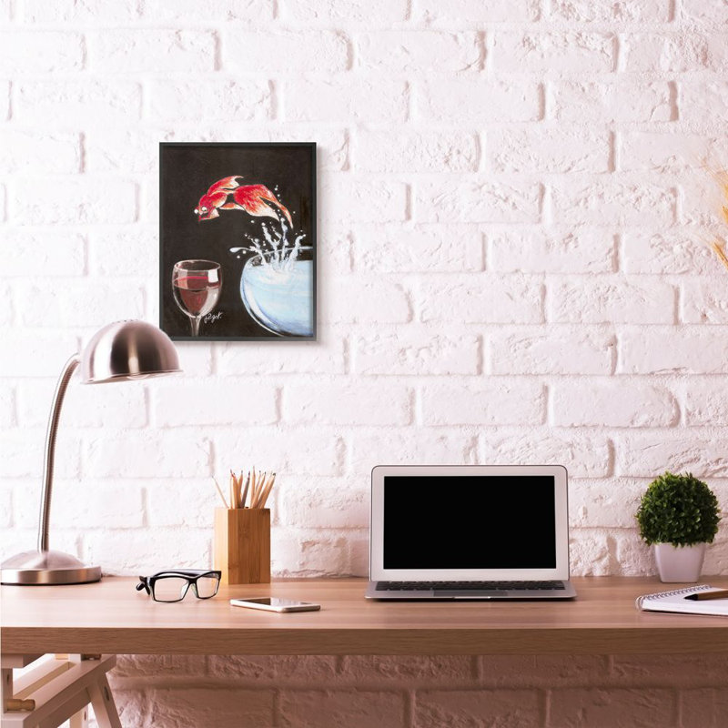 «Fish Leaping in Wine Glass Funny» par Jean-Pierre Got - impression d'art graphique, Giclée encadrée noir minuit