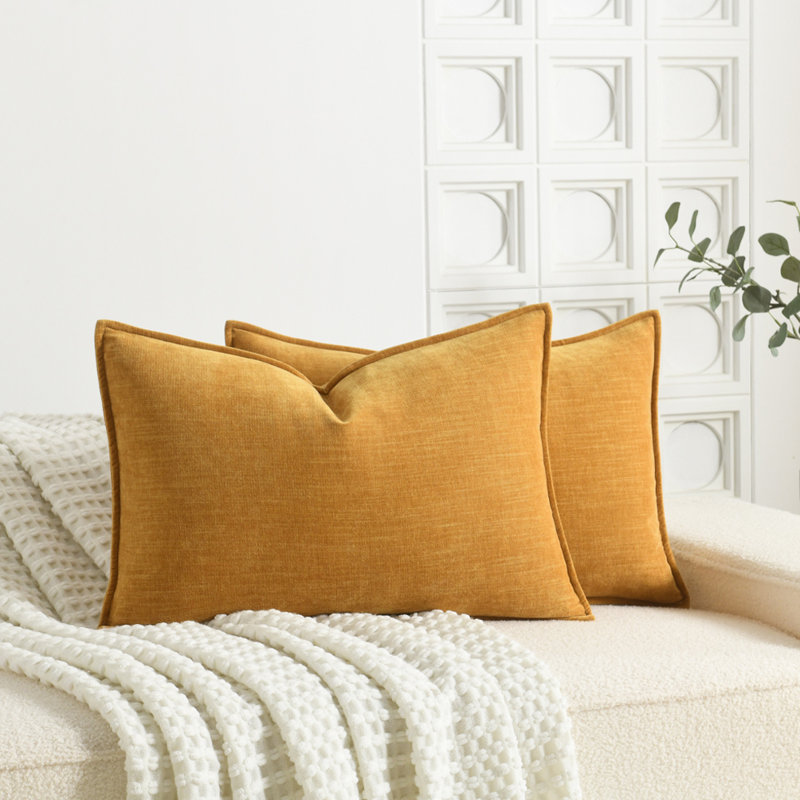 Super Soft Velvety Slub Heavy Chenille Decorative Pillow Cover with Flange (Set of 2), Rectangular 16"H x 24"W, Yellow
