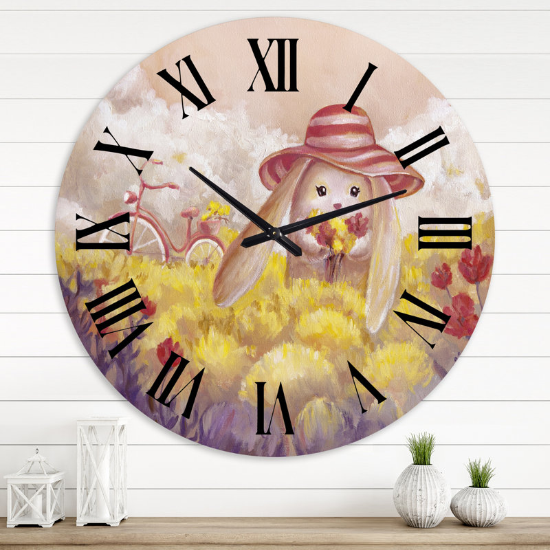Petit lapin avec des fleurs - Horloge murale traditionnelle, Grand