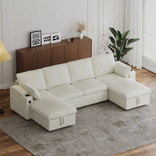 104''W U Shaped Corduroy Sectional Sofa With Storage Chaises And Pull Out Bed