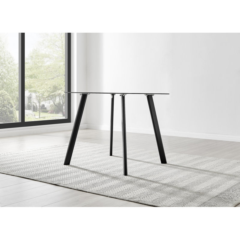 Scandinavian Style Glass and Metal Leg Square Dining Table Set - 4 Modern Faux Leather Dining Chairs, Brown/Black