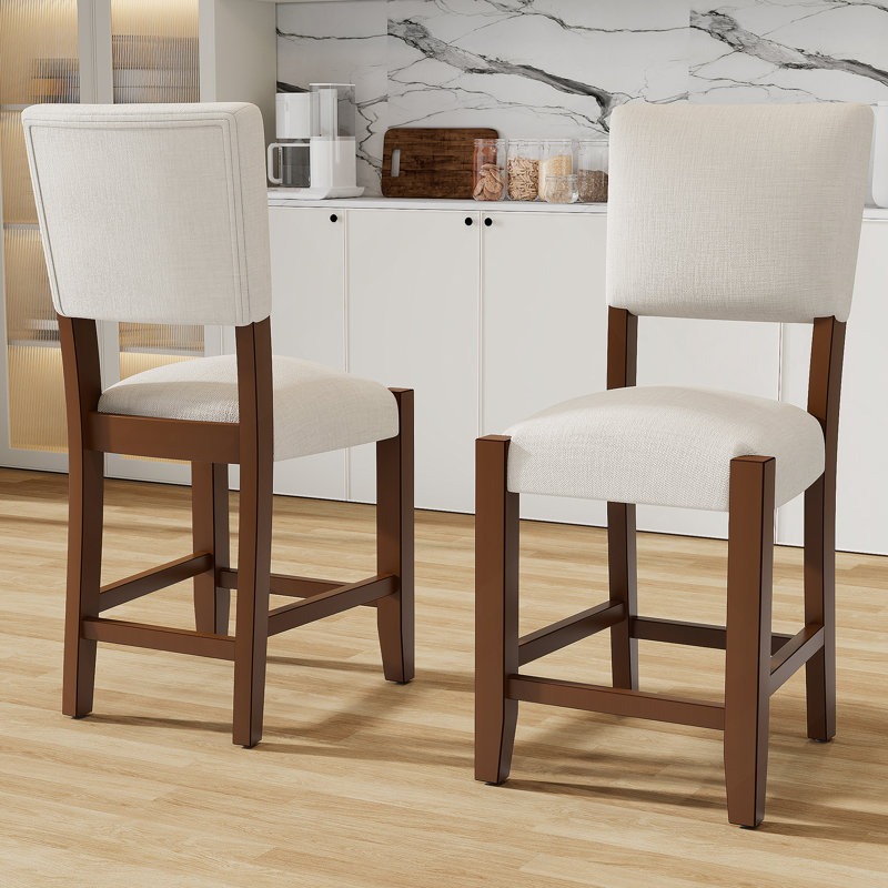 Ensemble de 2 tabourets de bar Mid-Century modernes de 40,4 pouces avec dossier, revêtus de lin, pour la cuisine et la salle à manger, beige