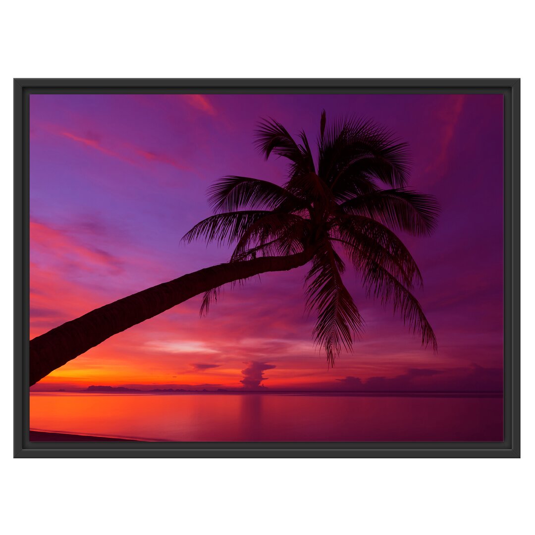 Gerahmtes Wandbild Palme am Meer mit Sonnenuntergang